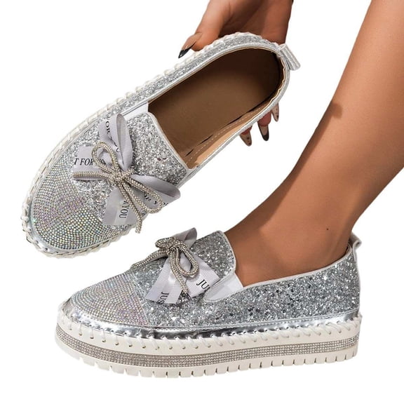 SACFOF Women's Platform Rhinestones Cute Bow Slip on Sneaker,Casual Fashion Platform Dress Shoe Loafers