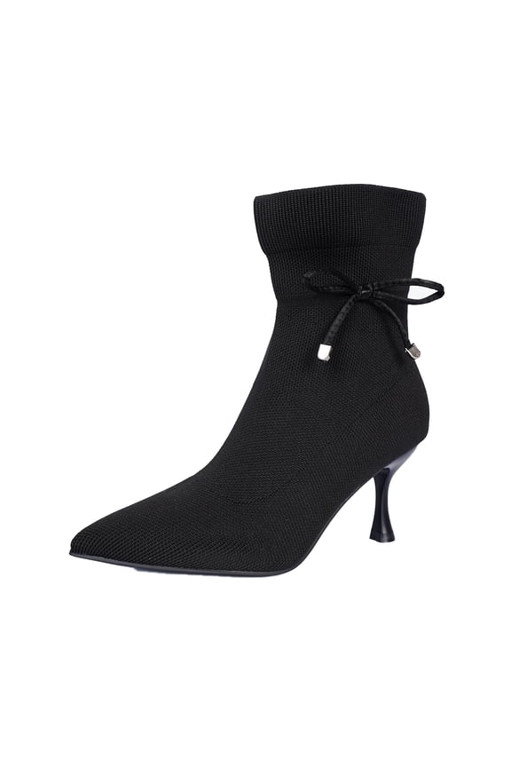 Women's Pointed Toe Bow Kitten Heel Ankle Boots Stiletto High Heels Mid Calf Booties Stretch Knit Shoes