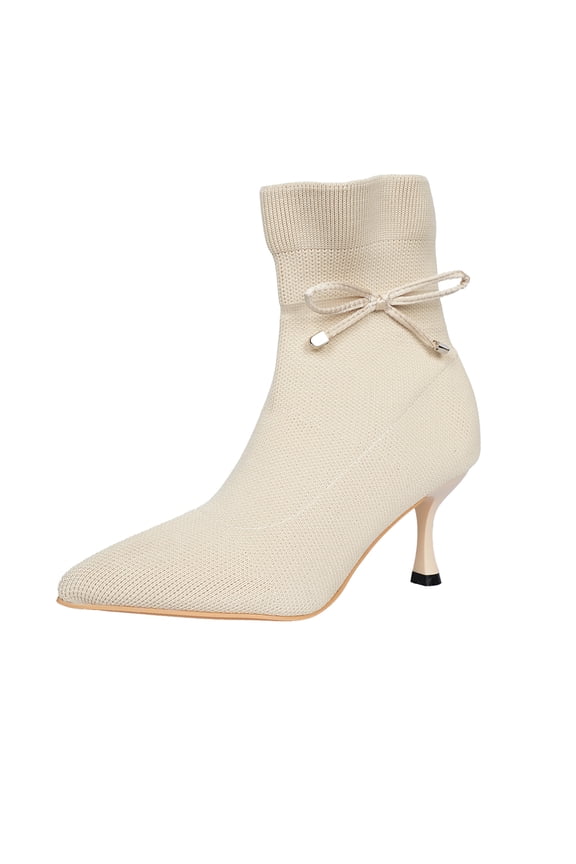 Women's Pointed Toe Bow Kitten Heel Ankle Boots Stiletto High Heels Mid Calf Booties Stretch Knit Shoes