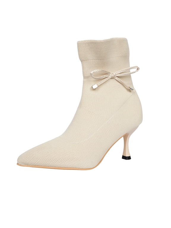 Women's Pointed Toe Bow Kitten Heel Ankle Boots Stiletto High Heels Mid Calf Booties Stretch Knit Shoes