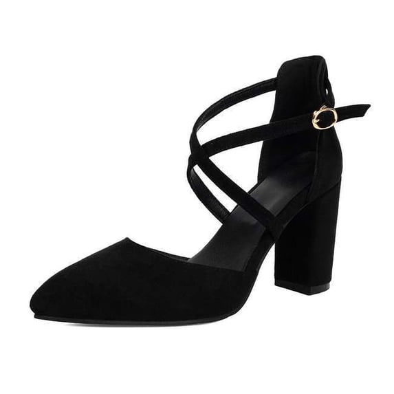SACFOF Women's Pumps Chunky Closed Pointed Toe Block Heels for Women Dress Shoes Elastic Crisscross Strappy 3.15 Inch Comfortable for Wedding Bridal