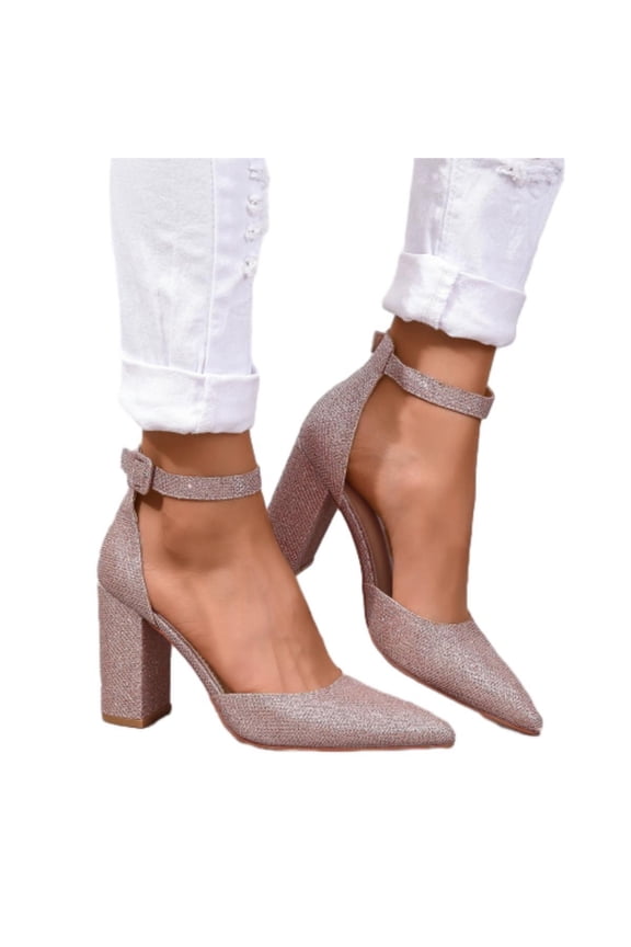 Women's Pumps Shoes Summer Pointed Toe Chunky Heeled Ankle Strap Closed Toe Wedding Party Dress Sandals