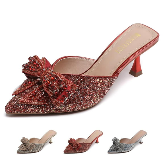 SACFOF Women's Rhinestone Bow Glitter Kitten Heel Mules Closed Pointed Toe Fashion Backless Slip On Sparkly Stiletto Heeled Sandals for Wedding Bridal Party Dress
