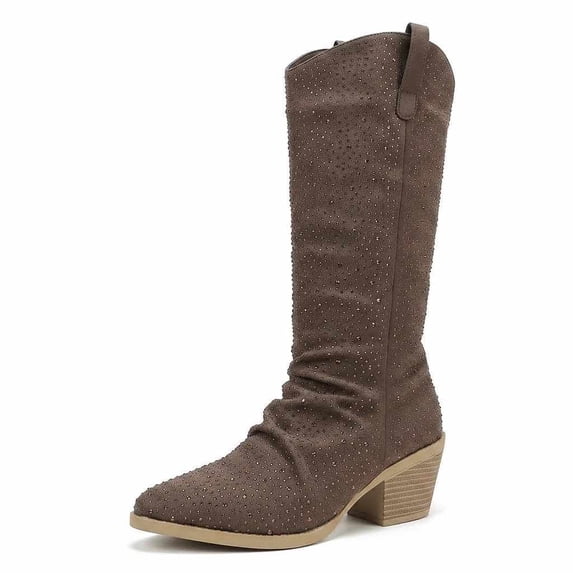 SACFOF Women's Rhinestone Mid Calf Boots Sparkly Block Heel Cowboy Boots Glitter Boots
