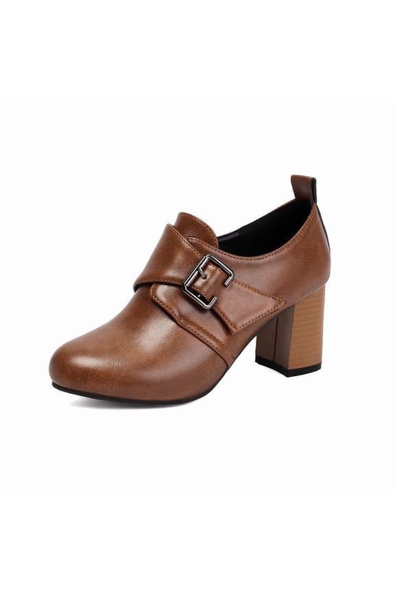 Women's Round Toe Chunky Platform Oxford Pumps Buckle Slip On High Heel Pull On Uniform Dress Shoes
