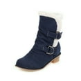 thumbnail image 1 of SACFOF Women's Round Toe Denim Mid Calf Dressy Boots Buckle Fur Lace Up Chunky Block Mid Heels Snow Boots, 1 of 6