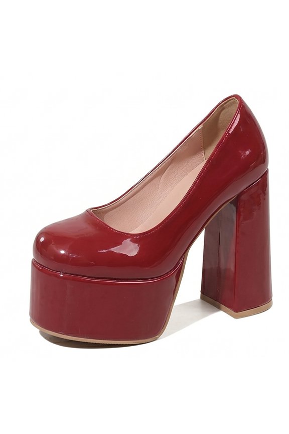 Women's Round Toe Platform Chunky High Block Heel Pumps Leather Slip-On Formal Work Office Dress Shoes