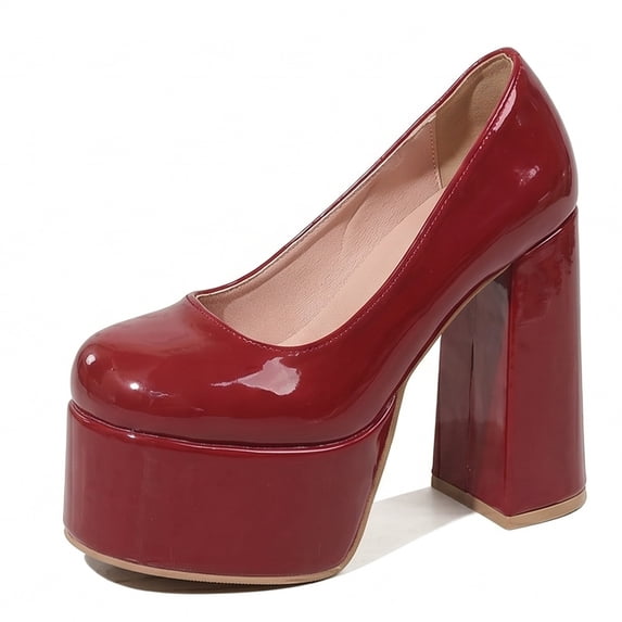 SACFOF Women's Round Toe Platform Chunky High Block Heel Pumps Leather Slip-On Formal Work Office Dress Shoes