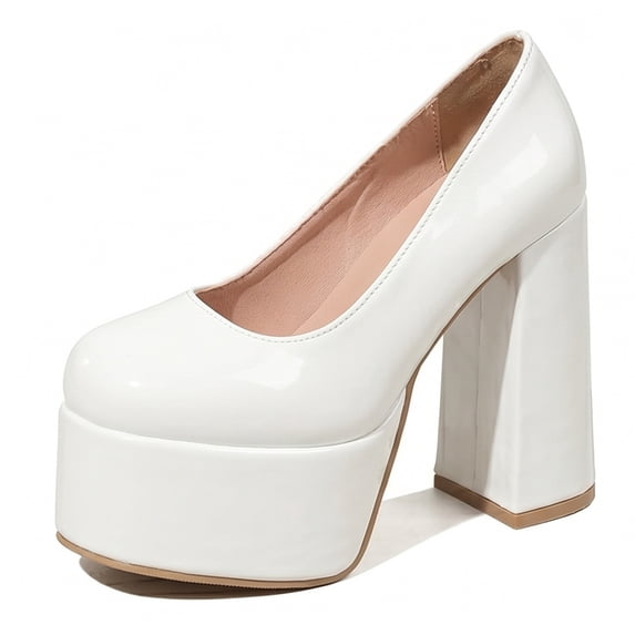 SACFOF Women's Round Toe Platform Chunky High Block Heel Pumps Leather Slip-On Formal Work Office Dress Shoes