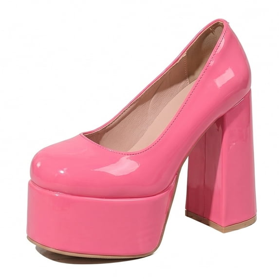 SACFOF Women's Round Toe Platform Chunky High Block Heel Pumps Leather Slip-On Formal Work Office Dress Shoes