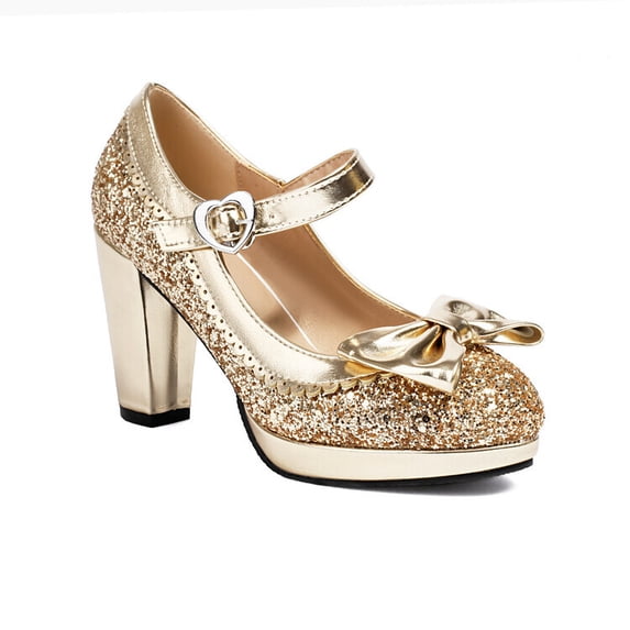 SACFOF Women's Sequins Glitter Mary Jane Shoes Shine Sparkly Vintage Chunky High Block Heel Women Pumps with Bow and Ankle Strap Rockabilly Cosplay Kawaii Marriage Mary Jane Dress Pumps