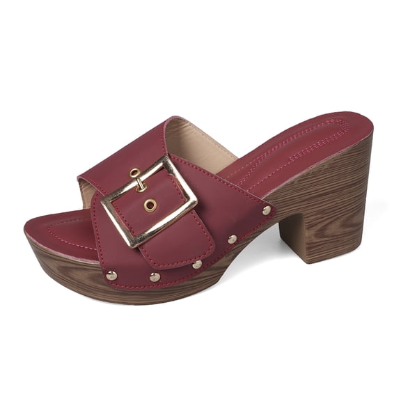 SACFOF Women's Slide Heeled Sandals Opened Square Toe Chunky Block Heel Slippers with Buckle Slip on Long Womens Slippers