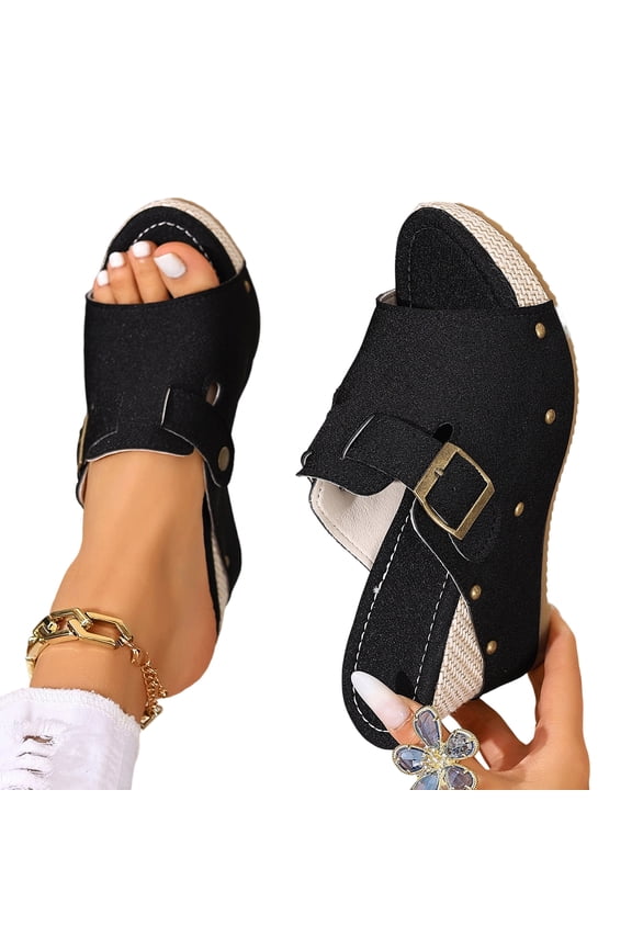 Women's Slide Heeled Sandals Opened Square Toe Chunky Block Heel Slippers with Buckle Slip on Long Womens Slippers