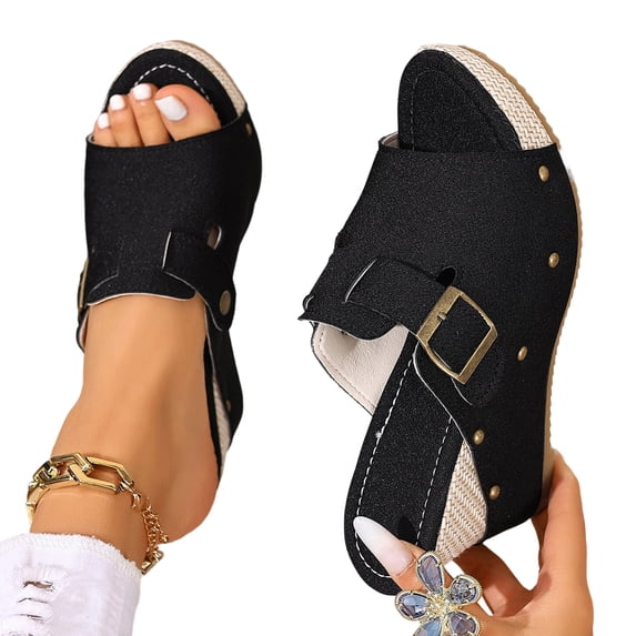 SACFOF Women's Slide Heeled Sandals Opened Square Toe Chunky Block Heel Slippers with Buckle Slip on Long Womens Slippers