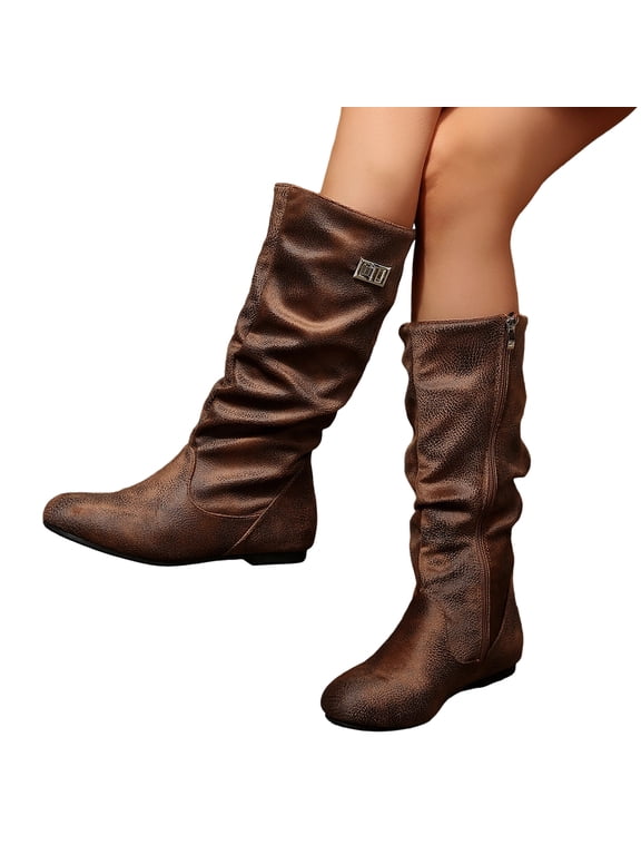 Women's Slouchy Mid Calf Flat Boots Faux Suede Slip On Casual Low Heel Boots with Side Zipper
