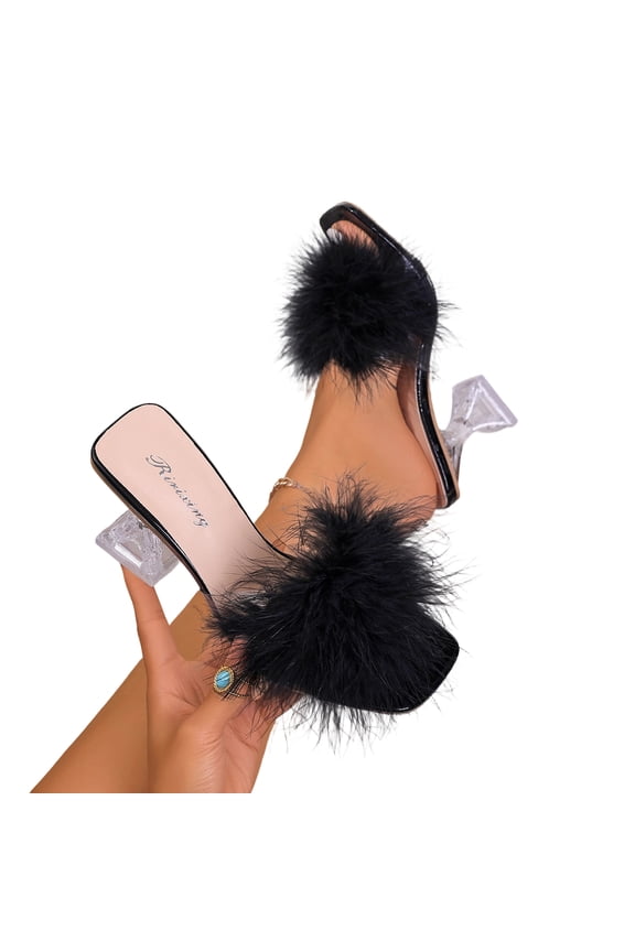 Women's Square Toe Low Stilettos Heels Mules Sandals Fluffy Feather Slip on Clear Low Heels Wedding Bridal Party Dress Shoes