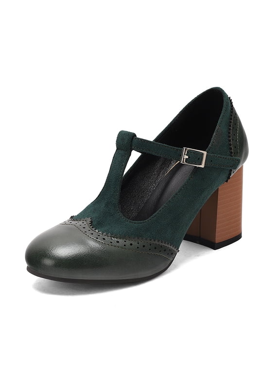 Women's T-Strap Mary Jane Pumps Round Closed Toe Comfortable Low Chunky Block Heel Wedding Dress Evening Party Shoes