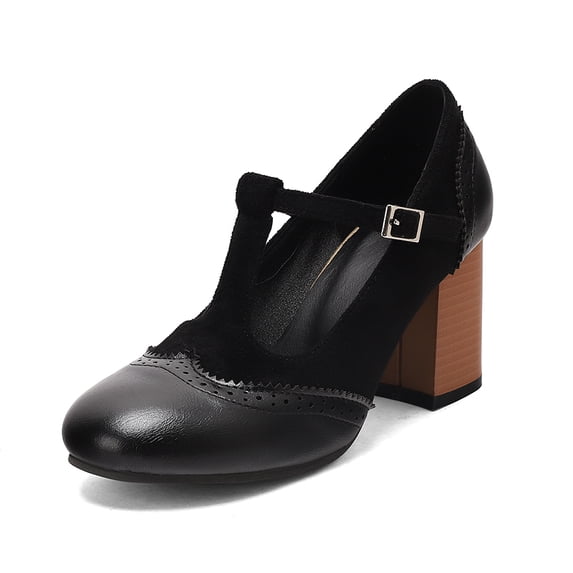 SACFOF Women's T-Strap Mary Jane Pumps Round Closed Toe Comfortable Low Chunky Block Heel Wedding Dress Evening Party Shoes