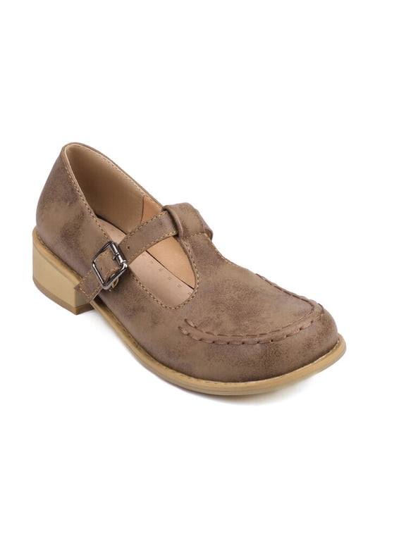 Women's T-Strap Platform Mary Jane Shoes, Leather Round Toe Flats, Leather Round Toe Non-Slip Dressy Casual Shoes