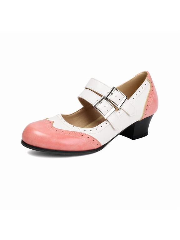 Women's Two Tone Mary Jane Classic and Retro 1920s Pump Heels Oxford Pattern 1950s Vintage Round Closed Toe Ankle Strap Dress Shoes
