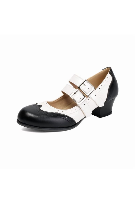 Women's Two Tone Mary Jane Classic and Retro 1920s Pump Heels Oxford Pattern 1950s Vintage Round Closed Toe Ankle Strap Dress Shoes
