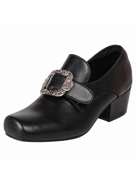 Women's Vintage Block Heel Pumps Square Toe Loafers Medieval Victorian Gothic Ornate Buckle Historical Costume Shoes Halloween Dress Shoes