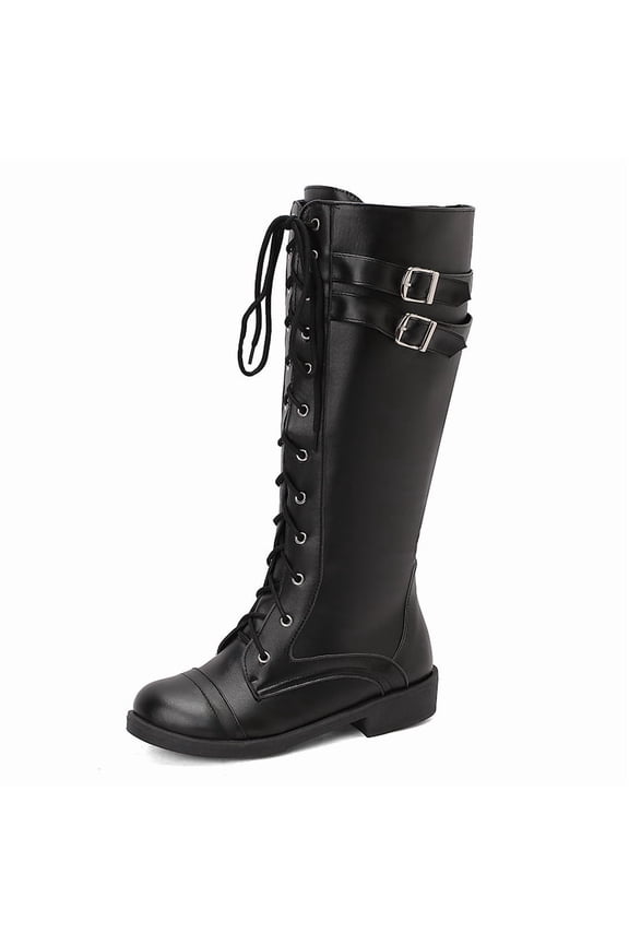 Women's Vintage Buckle Leather Lace Up Combat Booties,Sexy Knee High Platform Side Zip-up Mid-Calf Boots