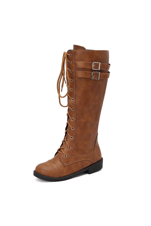 Women's Vintage Buckle Leather Lace Up Combat Booties,Sexy Knee High Platform Side Zip-up Mid-Calf Boots