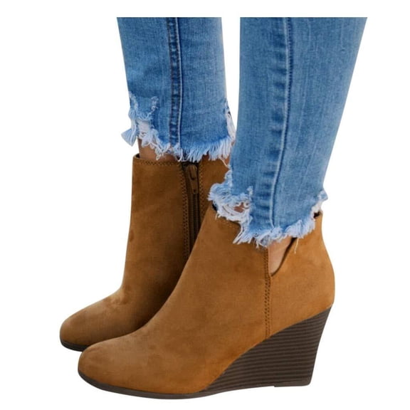 SACFOF Women’s Wedge Ankle Booties Suede Round Toe V Cut Side Zipper Short Ankle Booties for Women Low Heel Boots