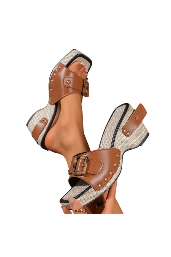 Women's Wedge Slide Sandals with Studded Strap, Y2k Wedge Sandals for Women Casual Summer, Fashion Open Square Toe Vacation Platform Walking Beach Shoes
