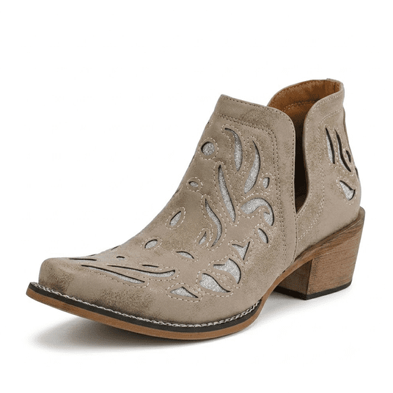SACFOF Women's Western Ankle Boots Cutout Glitter Cowgirl Booties Pointed Toe Chunky Block Mid Heel V Cut Slip On Vintage Country Boots