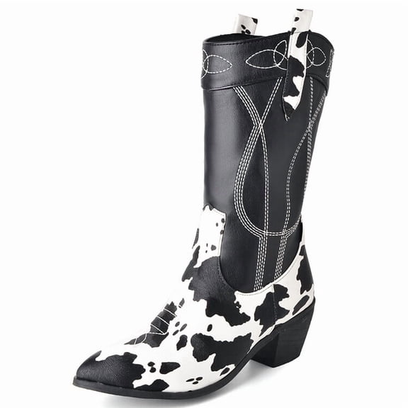 SACFOF Women's Western Cow Print Pull On Cowgirl Knee High Boots Block Heel Booties