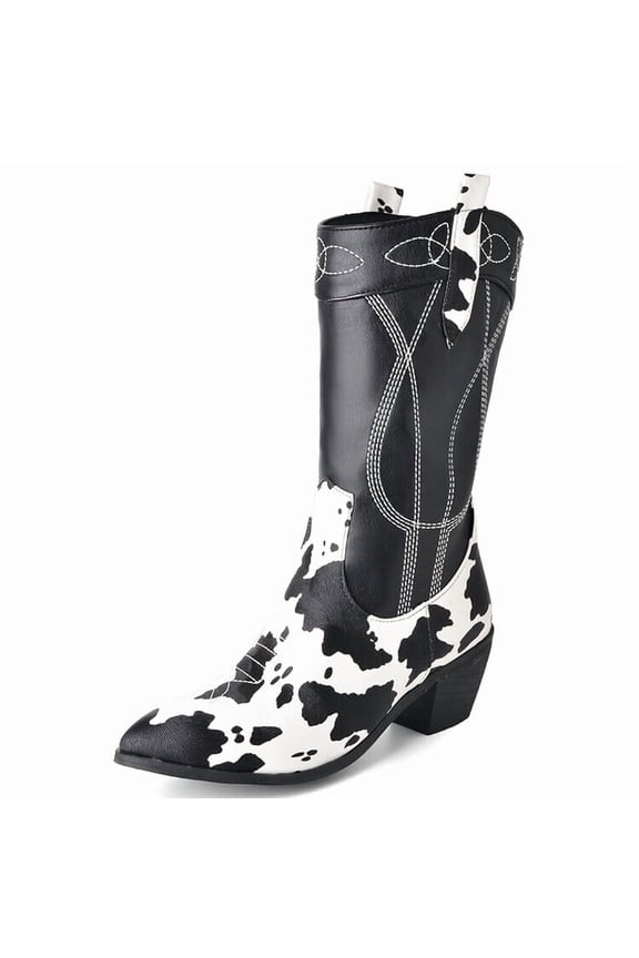 Women's Western Cow Print Pull On Cowgirl Knee High Boots Block Heel Booties