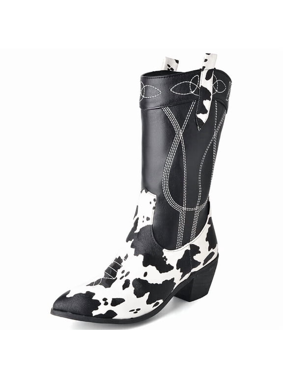 Women's Western Cow Print Pull On Cowgirl Knee High Boots Block Heel Booties