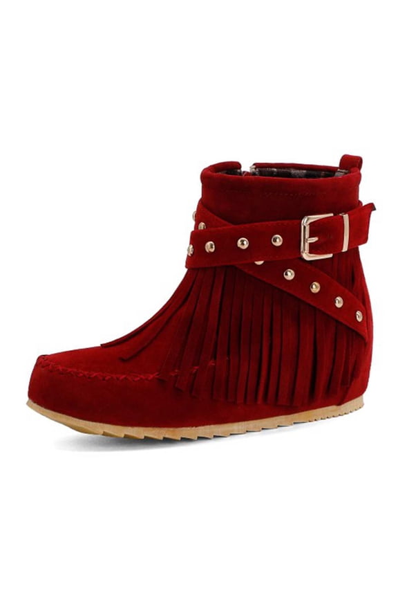 Women's Western Cowboy Boots, Fringe Faux Suede Boots Retro Round Toe Fringe Buckle Strap Ankle Boot Low Heel Rome Flat Shoes Tassel Knight Booties Shoes