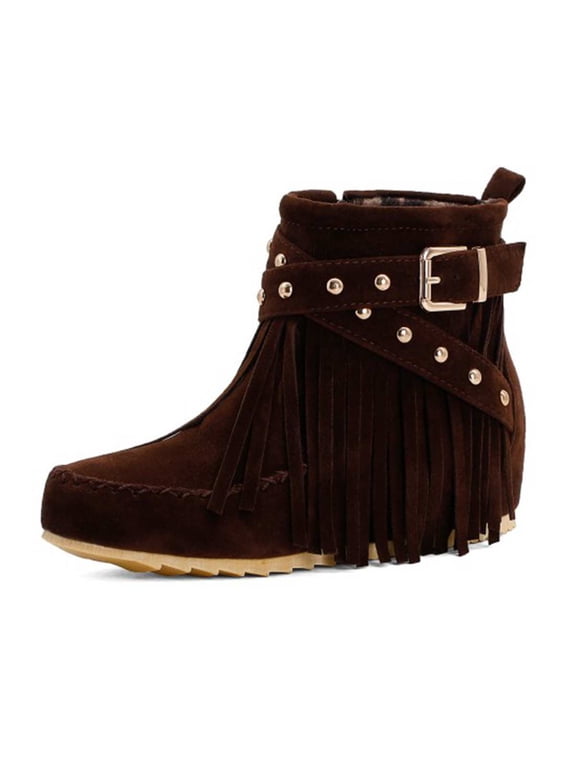 Women's Western Cowboy Boots, Fringe Faux Suede Boots Retro Round Toe Fringe Buckle Strap Ankle Boot Low Heel Rome Flat Shoes Tassel Knight Booties Shoes