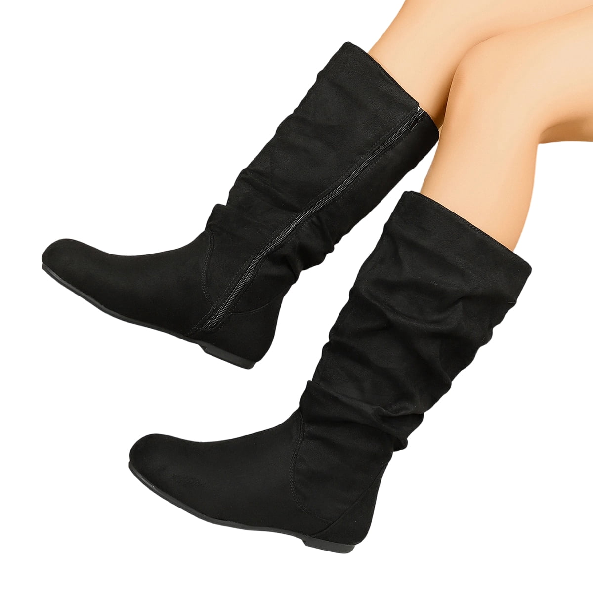 SACFOF Women's Wide Calf Knee High Boots Flat Low Heel Slouch Round Toe Boots Side Zipper Dress Tall Boot Comfortable Plus Size Tall Shoes Non Slip Sole Shoes