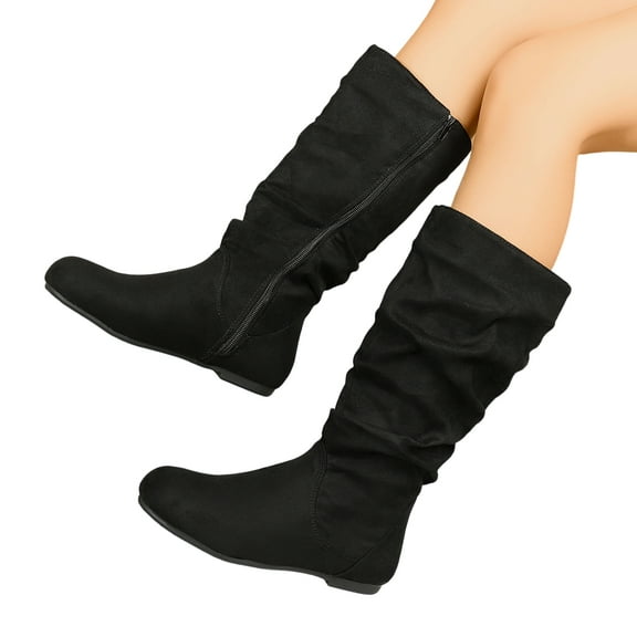 SACFOF Women's Wide Calf Knee High Boots Flat Low Heel Slouch Round Toe Boots Side Zipper Dress Tall Boot Comfortable Plus Size Tall Shoes Non Slip Sole Shoes