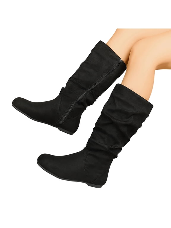 Women's Wide Calf Knee High Boots Flat Low Heel Slouch Round Toe Boots Side Zipper Dress Tall Boot Comfortable Plus Size Tall Shoes Non Slip Sole Shoes