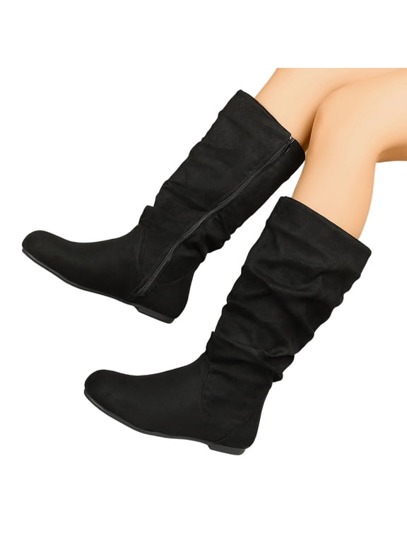 Women's Wide Calf Knee High Boots Flat Low Heel Slouch Round Toe Boots Side Zipper Dress Tall Boot Comfortable Plus Size Tall Shoes Non Slip Sole Shoes