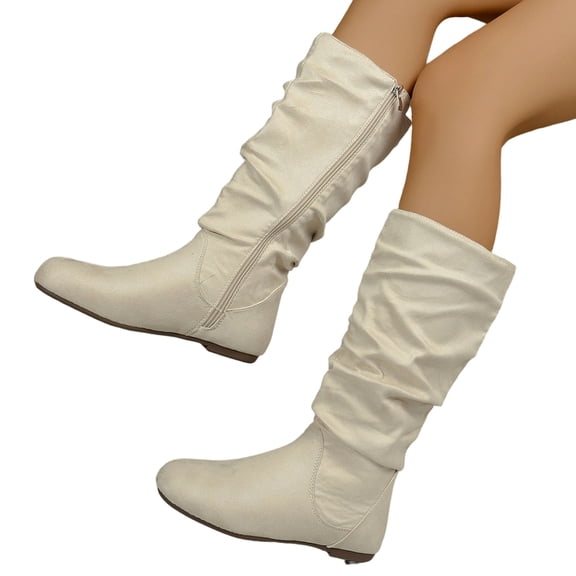 SACFOF Women's Wide Calf Knee High Boots Flat Low Heel Slouch Round Toe Boots Side Zipper Dress Tall Boot Comfortable Plus Size Tall Shoes Non Slip Sole Shoes