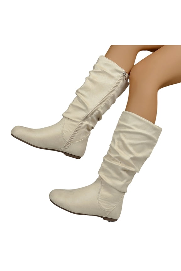 Women's Wide Calf Knee High Boots Flat Low Heel Slouch Round Toe Boots Side Zipper Dress Tall Boot Comfortable Plus Size Tall Shoes Non Slip Sole Shoes