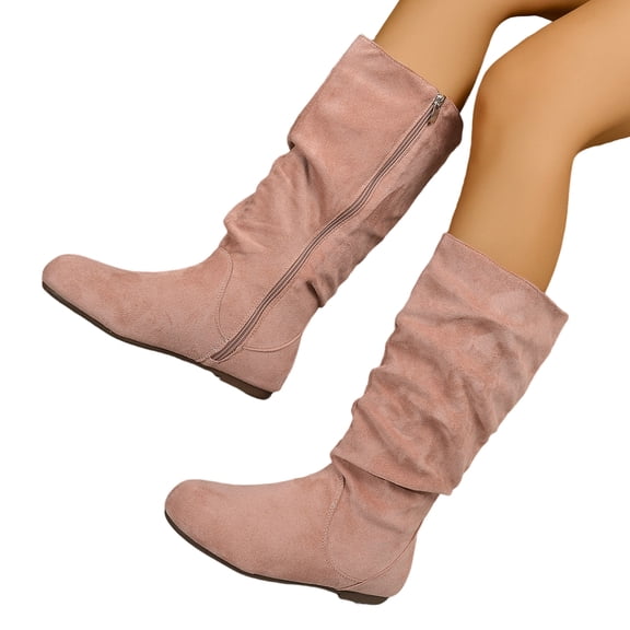 SACFOF Women's Wide Calf Knee High Boots Flat Low Heel Slouch Round Toe Boots Side Zipper Dress Tall Boot Comfortable Plus Size Tall Shoes Non Slip Sole Shoes