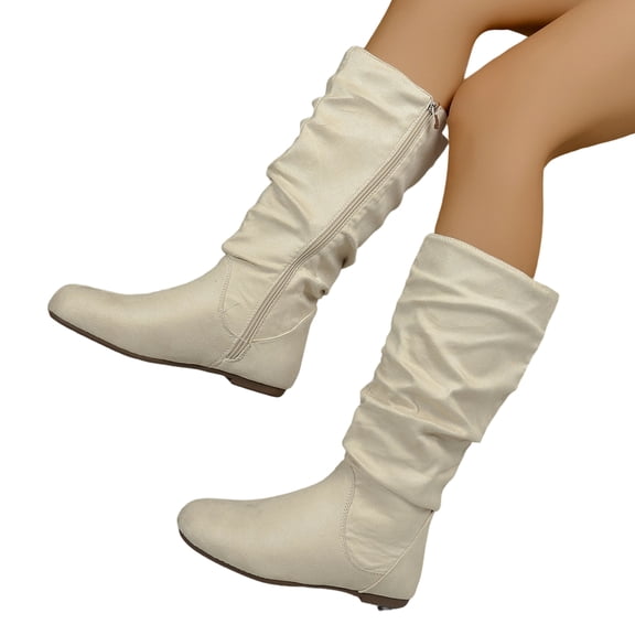 SACFOF Women's Wide Calf Knee High Boots Flat Low Heel Slouch Round Toe Boots Side Zipper Dress Tall Boot Comfortable Plus Size Tall Shoes Non Slip Sole Shoes