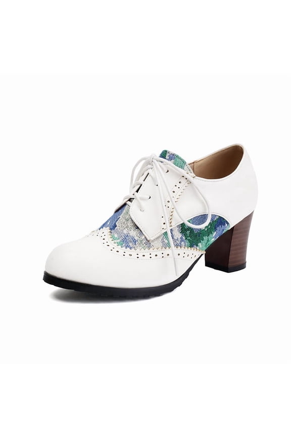 Women's Wingtip Oxfords Print Mary Jane Round Toe Lace Up Brogues Classic Chunky Low Heels Vintage Pumps Comfortable Ladies Fashion Office Derby Dress Shoes