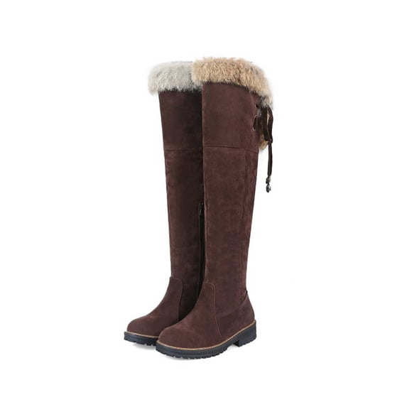 SACFOF Women's Winter Over The Knee Boots Fur Lined Thigh High Low Heel Faux Suede Combat Boots Riding Winter Snow Boots