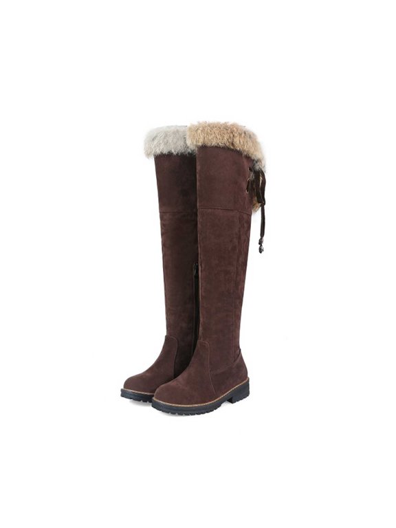 Women's Winter Over The Knee Boots Fur Lined Thigh High Low Heel Faux Suede Combat Boots Riding Winter Snow Boots