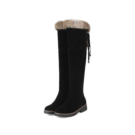 SACFOF Women's Winter Over The Knee Boots Fur Lined Thigh High Low Heel Faux Suede Combat Boots Riding Winter Snow Boots