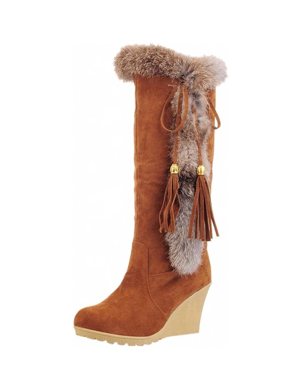 Women's Winter Warm Outdoor Mid Calf Boots High Heels Wedge Snow Bootie Faux Fur Comfortable Knee High Fuzzy Boots