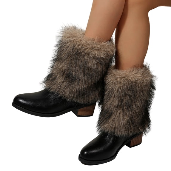 SACFOF Womens 1.97-inch Chunky Mid Calf Fur Heel Boots Furry Fuzzy Fluffy Pointed Toe Boots for Women Short Wide Calf Fall Winter Snow Fold Over Boot